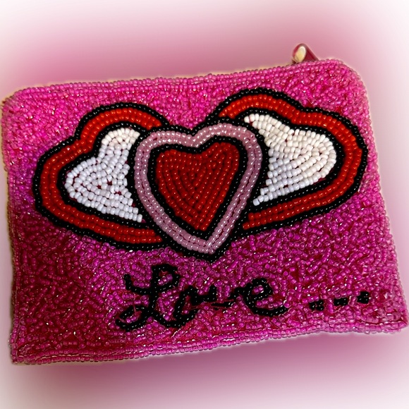 VTG RARE BARSE ZIPPER BEADED COIN PURSE BAG HEART VALENTINE PINK LOVE 4.75”x3.5” - Picture 5 of 9